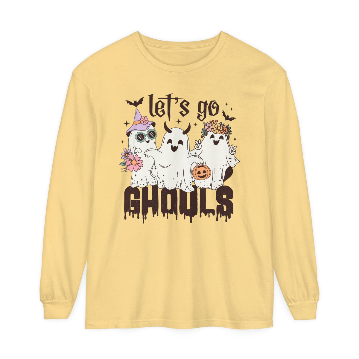 Let's Go Ghouls Halloween Long Sleeve T-Shirt - Retro Ghost Friends Graphic Tee