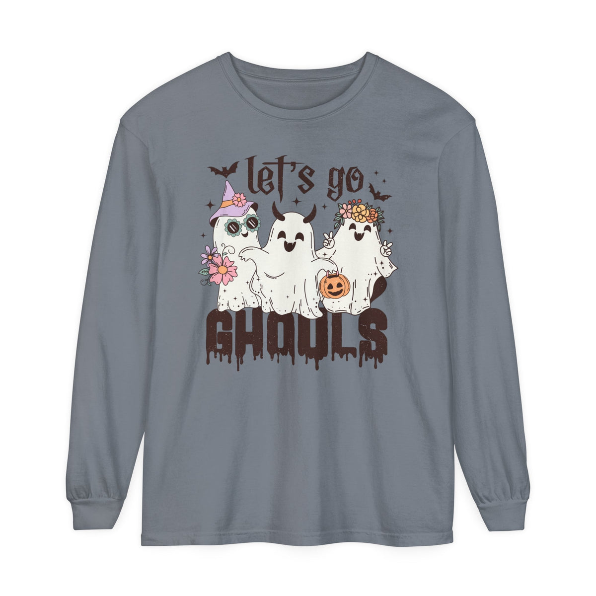 Let's Go Ghouls Halloween Long Sleeve T-Shirt - Retro Ghost Friends Graphic Tee