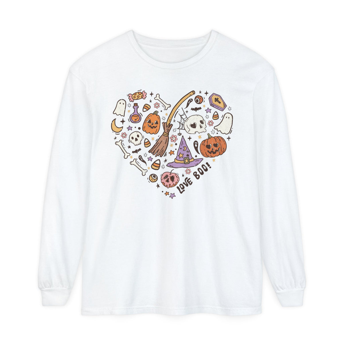 Love Boo Halloween Long Sleeve T-Shirt - Halloween Icons in Heart Shape Graphic Tee