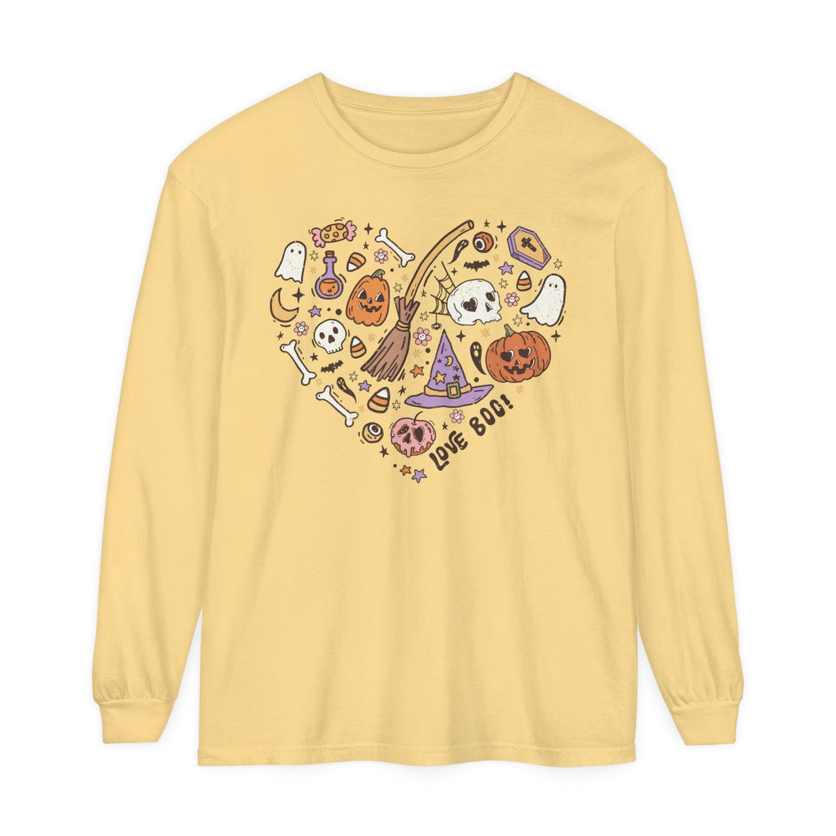 Love Boo Halloween Long Sleeve T-Shirt - Halloween Icons in Heart Shape Graphic Tee