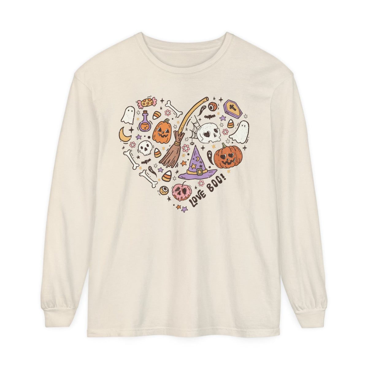 Love Boo Halloween Long Sleeve T-Shirt - Halloween Icons in Heart Shape Graphic Tee