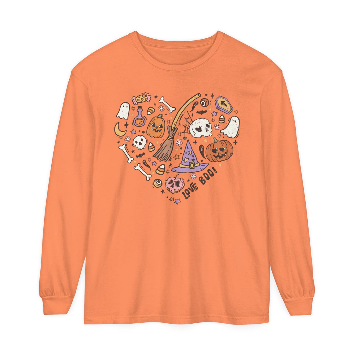 Love Boo Halloween Long Sleeve T-Shirt - Halloween Icons in Heart Shape Graphic Tee