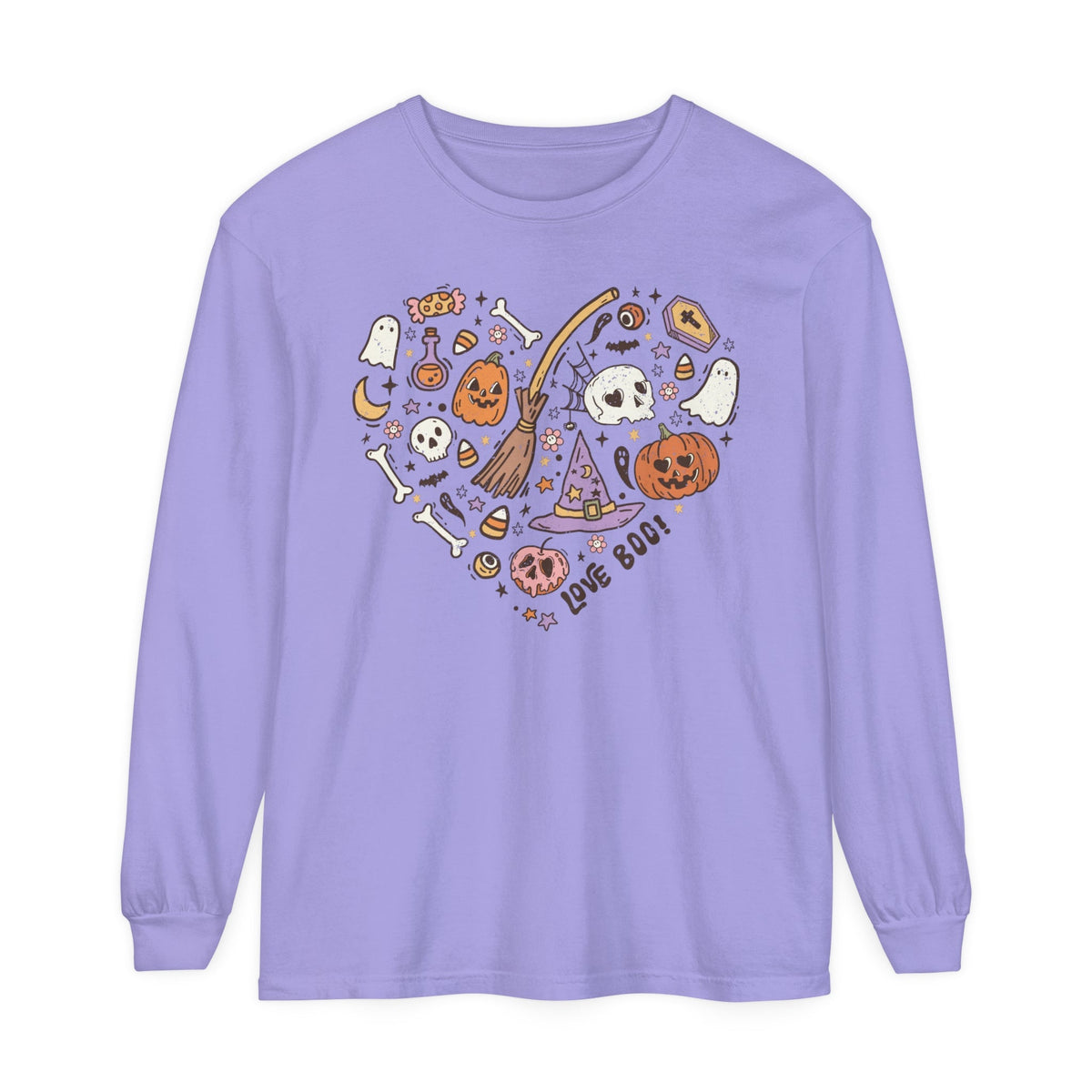 Love Boo Halloween Long Sleeve T-Shirt - Halloween Icons in Heart Shape Graphic Tee