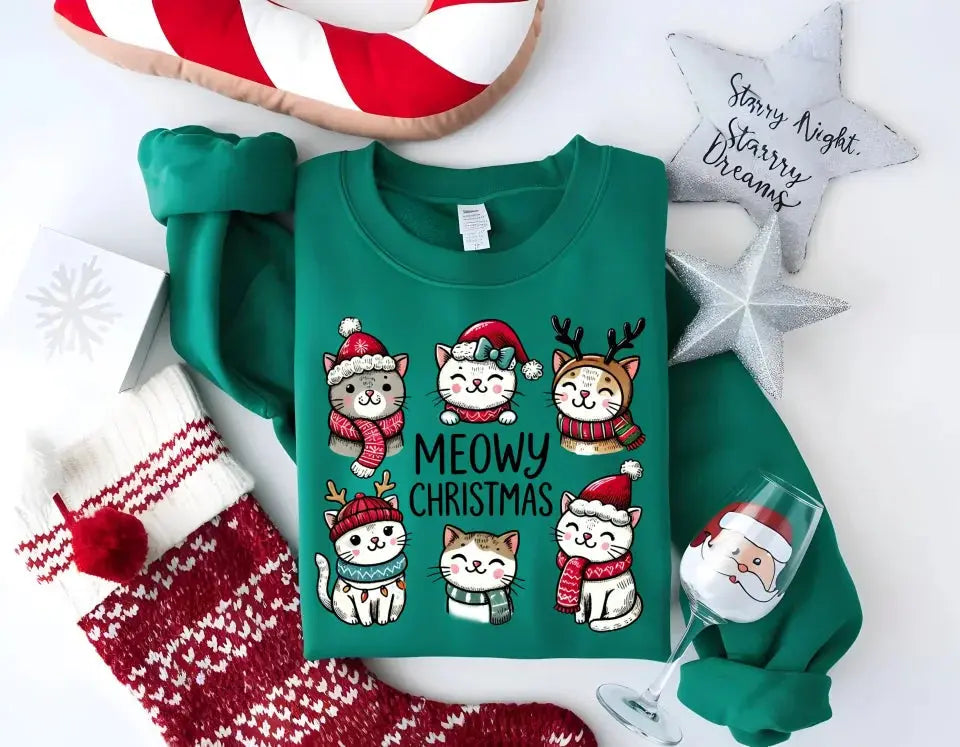 Meowy Christmas Sweatshirt - Cute Cat Holiday Crewneck, Festive Christmas Cat Sweater for Cat Lovers