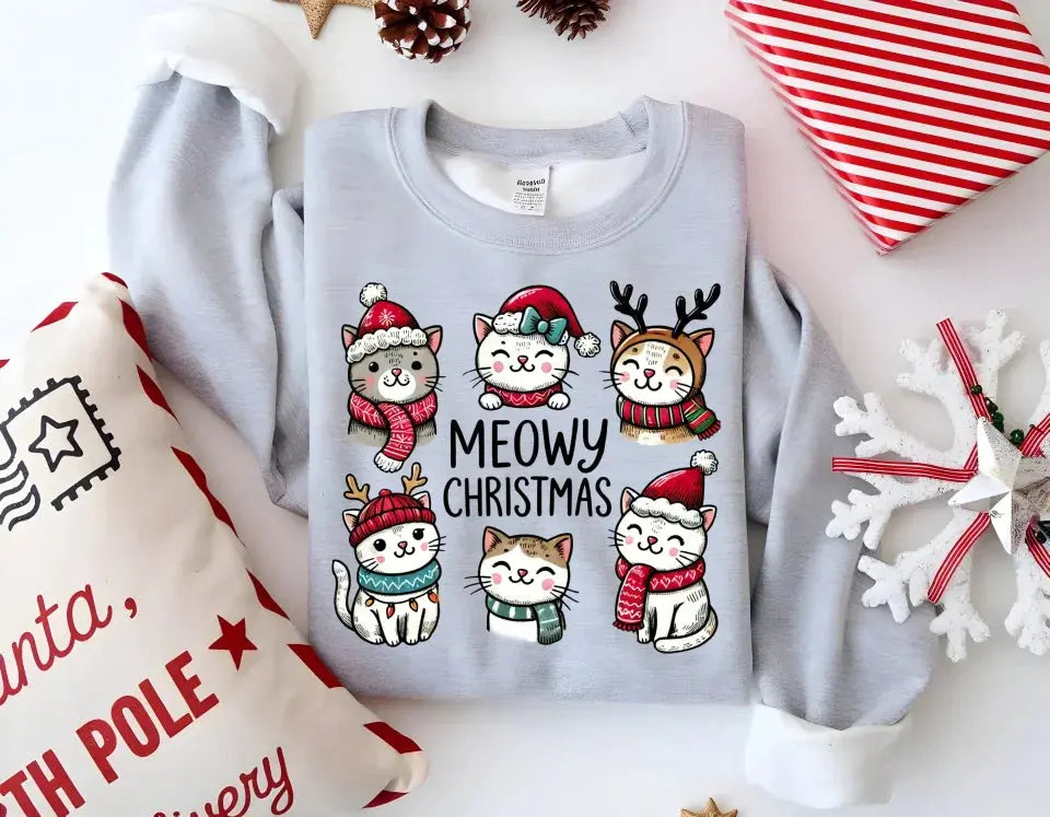 Meowy Christmas Sweatshirt - Cute Cat Holiday Crewneck, Festive Christmas Cat Sweater for Cat Lovers