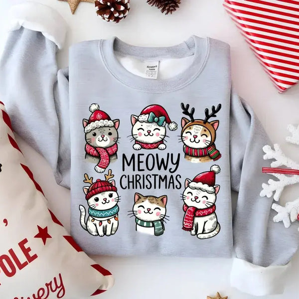 Meowy Christmas Sweatshirt - Cute Cat Holiday Crewneck, Festive Christmas Cat Sweater for Cat Lovers