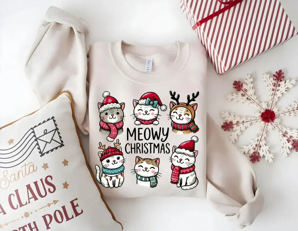 Meowy Christmas Sweatshirt - Cute Cat Holiday Crewneck, Festive Christmas Cat Sweater for Cat Lovers