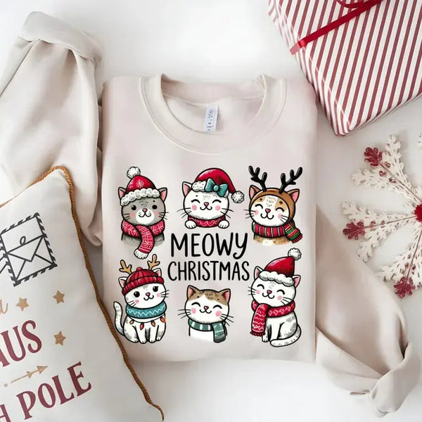 Meowy Christmas Sweatshirt - Cute Cat Holiday Crewneck, Festive Christmas Cat Sweater for Cat Lovers