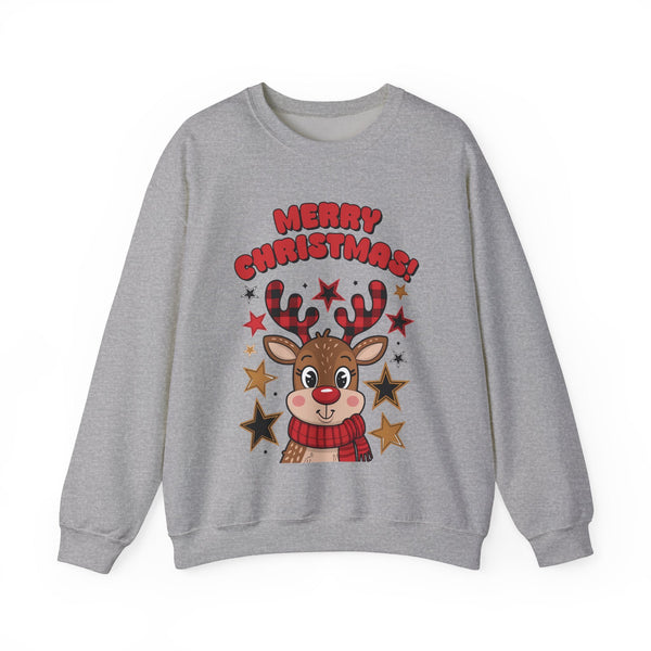 Merry Christmas Reindeer Sweatshirt – Cute Holiday Sweater with Festive Stars – Christmas Graphic Tee for Women – Cozy