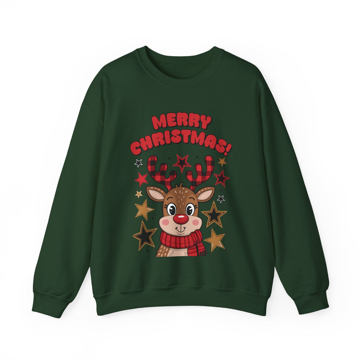 Merry Christmas Reindeer Sweatshirt – Cute Holiday Sweater with Festive Stars – Christmas Graphic Tee for Women – Cozy