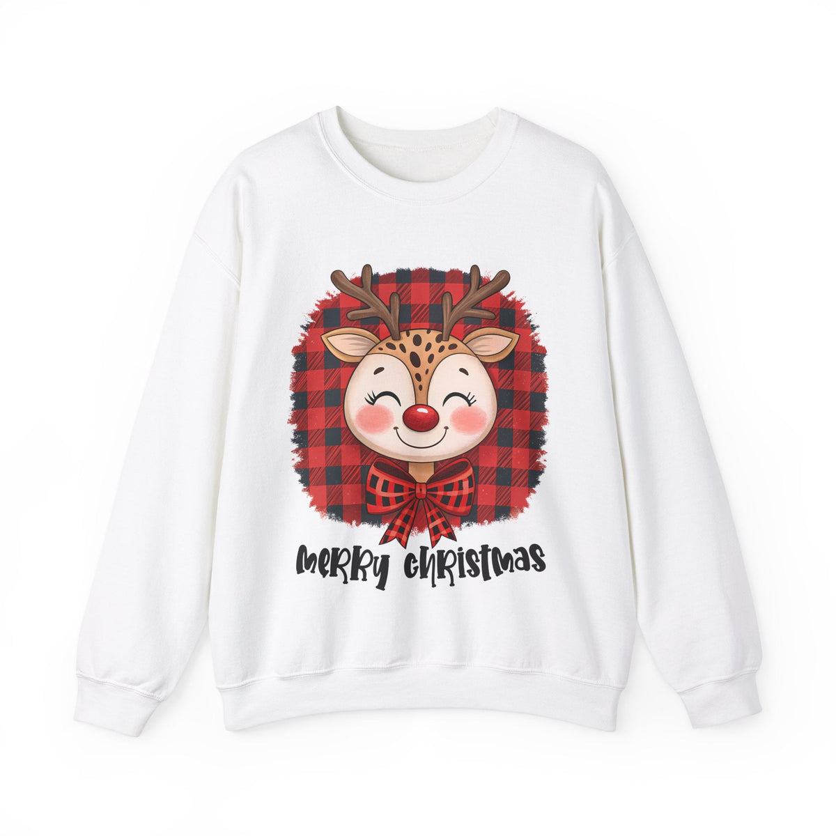 Merry Christmas Reindeer Sweatshirt – Cute Holiday Sweatshirt with Plaid Bow – Funny Christmas Sweater for Women –