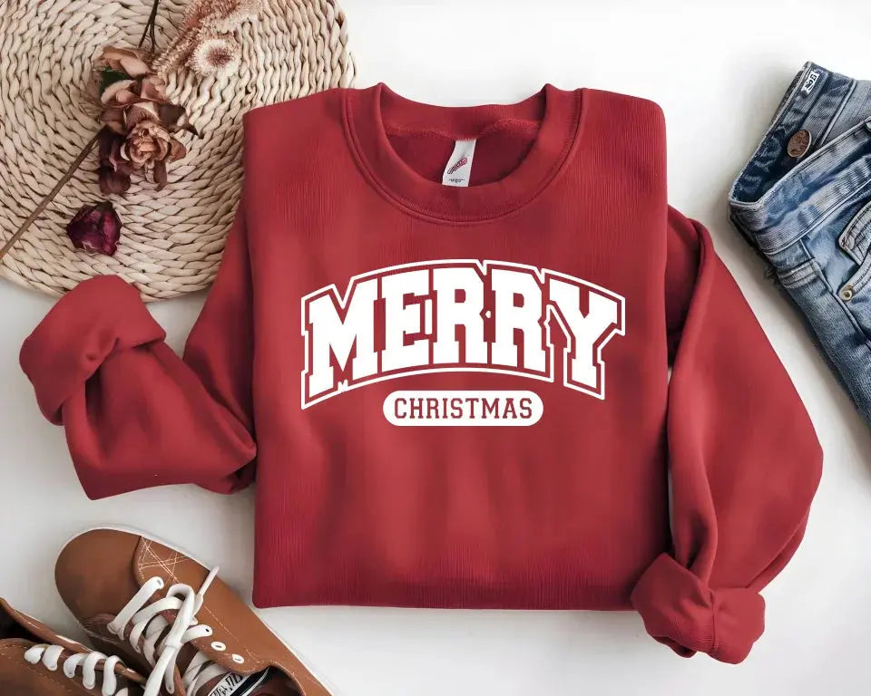 Merry Christmas Sweatshirt - Cozy Red Holiday Crewneck, Festive Unisex Christmas Sweater Gift