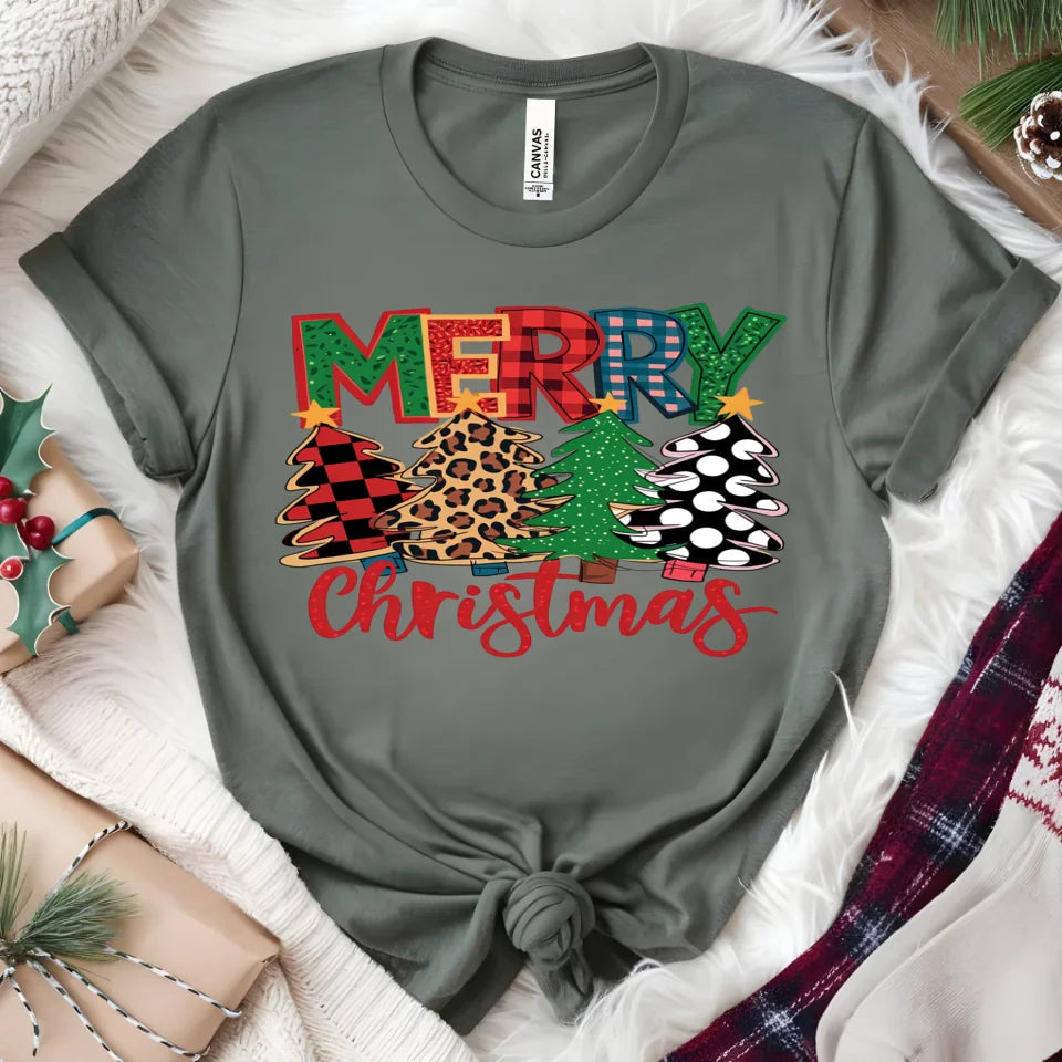 Merry Christmas T-Shirt – Festive Plaid, Leopard, and Polka Dot Christmas Tree Graphic Tee