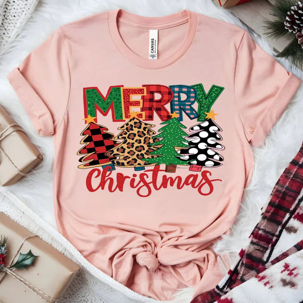 Merry Christmas T-Shirt – Festive Plaid, Leopard, and Polka Dot Christmas Tree Graphic Tee