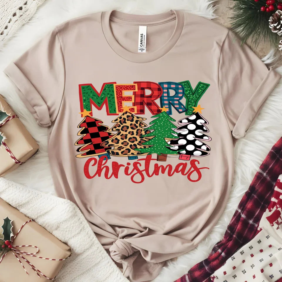 Merry Christmas T-Shirt – Festive Plaid, Leopard, and Polka Dot Christmas Tree Graphic Tee