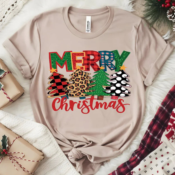 Merry Christmas T-Shirt – Festive Plaid, Leopard, and Polka Dot Christmas Tree Graphic Tee