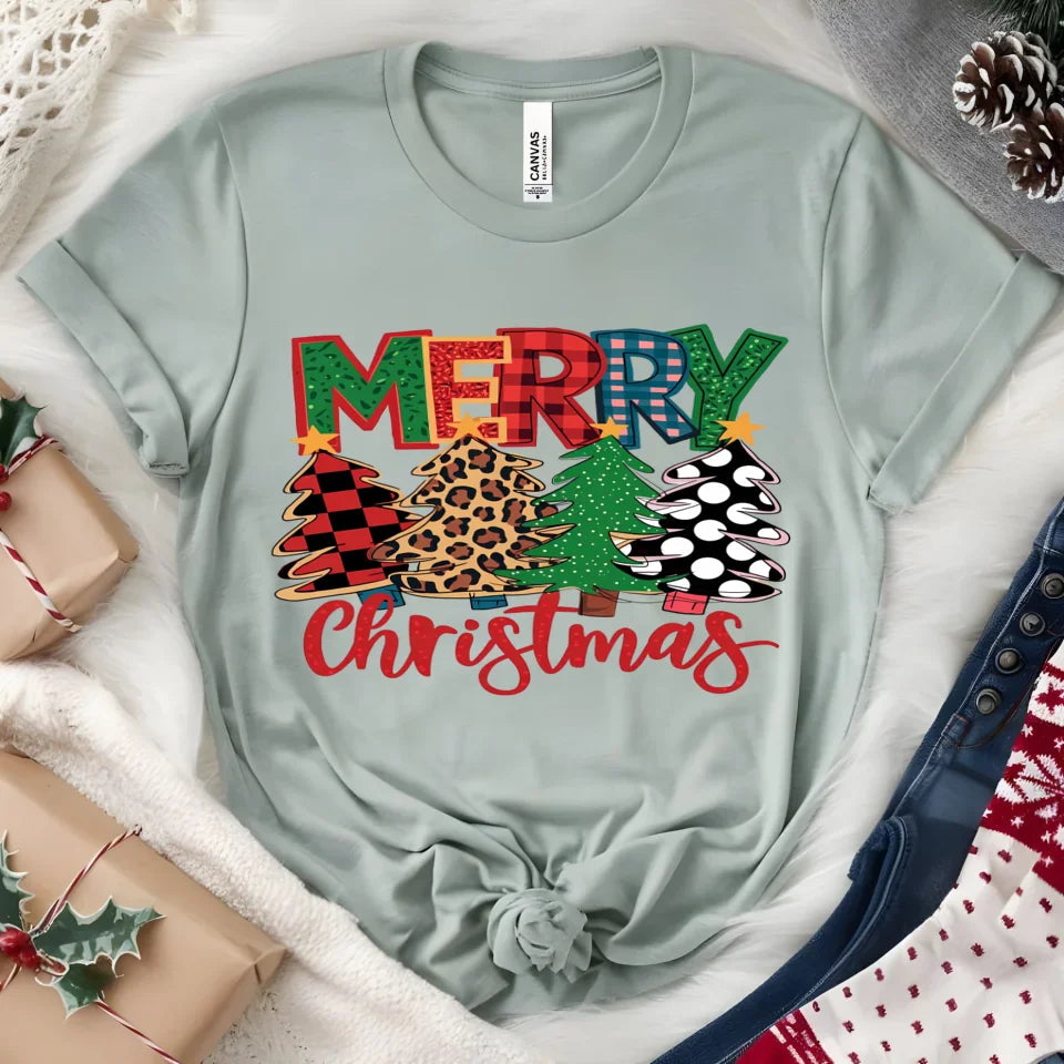 Merry Christmas T-Shirt – Festive Plaid, Leopard, and Polka Dot Christmas Tree Graphic Tee