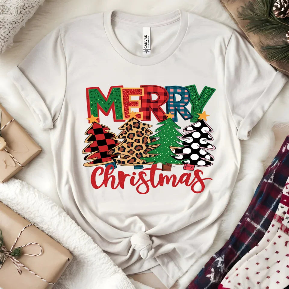 Merry Christmas T-Shirt – Festive Plaid, Leopard, and Polka Dot Christmas Tree Graphic Tee