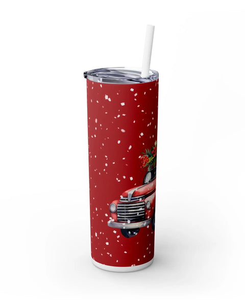 Merry Christmas Tumbler Red Pickup Snow Trees Holiday Travel Mug 20oz