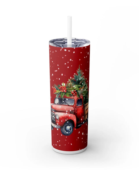 Merry Christmas Tumbler Red Pickup Snow Trees Holiday Travel Mug 20oz