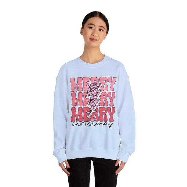 Merry Merry Merry Christmas Crewneck Sweatshirt - Bold Lightning Christmas Sweater - Holiday Cheer