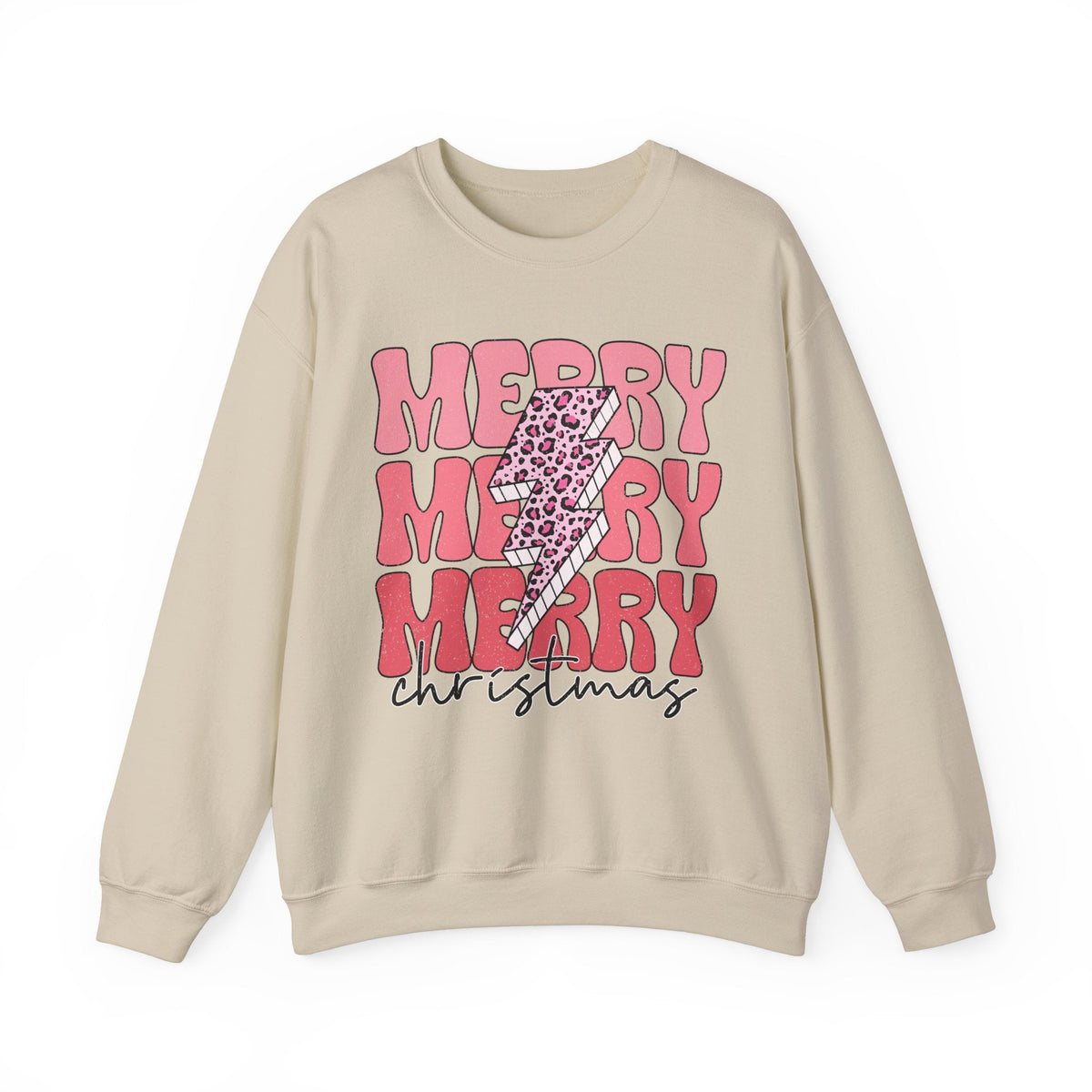 Merry Merry Merry Christmas Crewneck Sweatshirt - Bold Lightning Christmas Sweater - Holiday Cheer