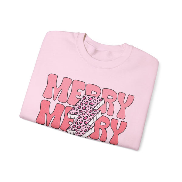 Merry Merry Merry Christmas Crewneck Sweatshirt - Bold Lightning Christmas Sweater - Holiday Cheer