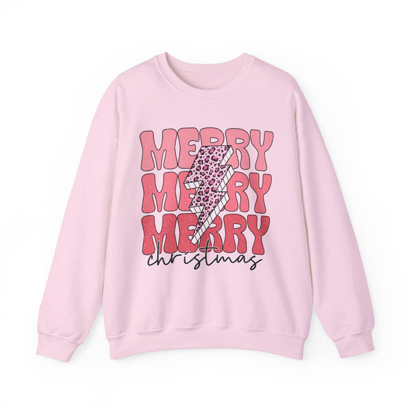 Merry Merry Merry Christmas Crewneck Sweatshirt - Bold Lightning Christmas Sweater - Holiday Cheer