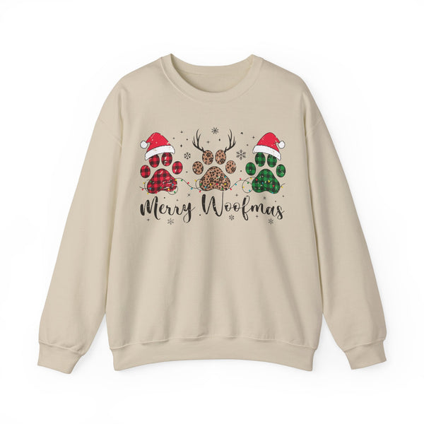 Merry Woofmas Christmas Sweatshirt – Funny Dog Paw Print Holiday Tee with Santa Hats, Reindeer Antlers & Christmas