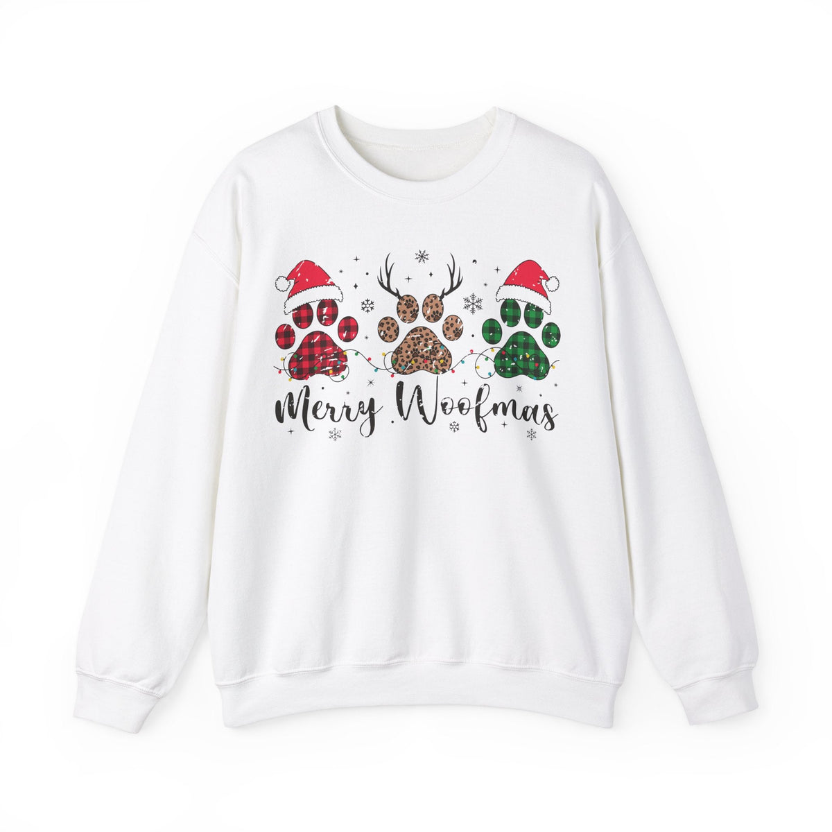 Merry Woofmas Christmas Sweatshirt – Funny Dog Paw Print Holiday Tee with Santa Hats, Reindeer Antlers & Christmas