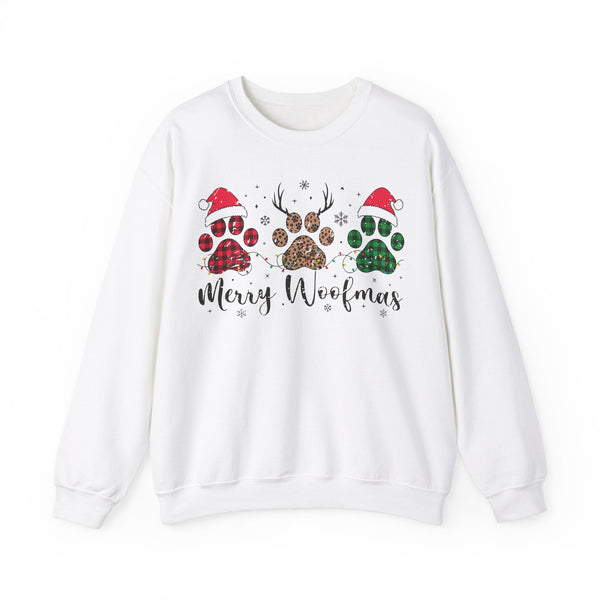 Merry Woofmas Christmas Sweatshirt – Funny Dog Paw Print Holiday Tee with Santa Hats, Reindeer Antlers & Christmas