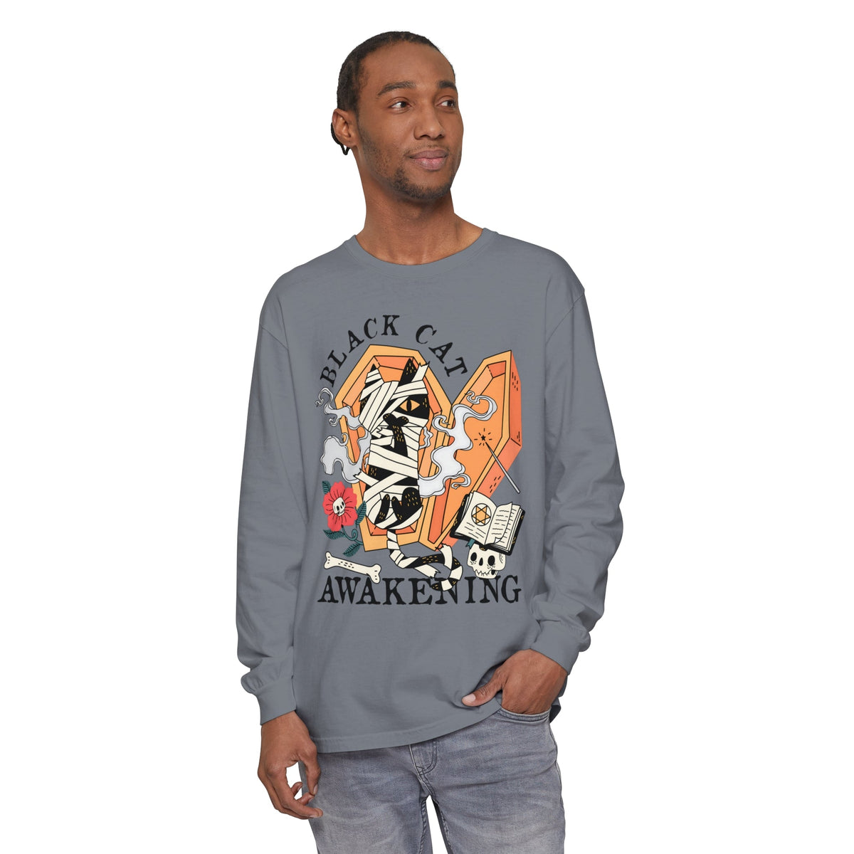 Mummy Cat Halloween Long Sleeve T-Shirt - Coffin & Wrapped Feline Graphic Tee