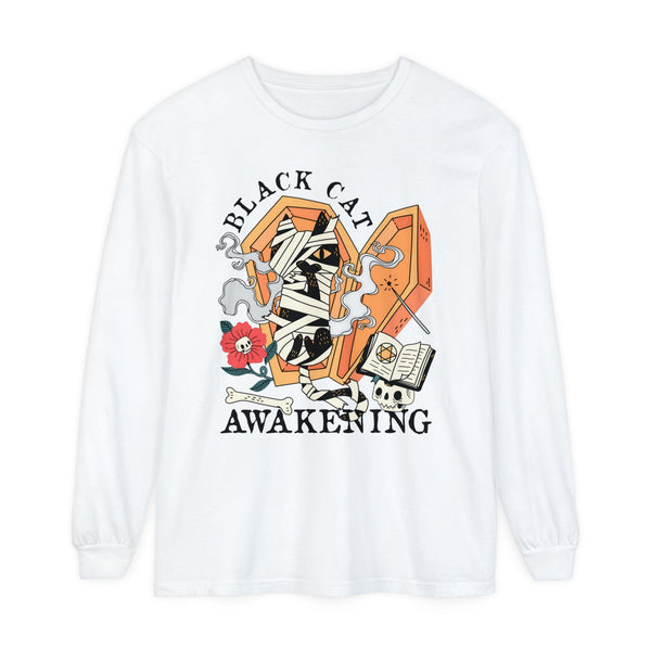 Mummy Cat Halloween Long Sleeve T-Shirt - Coffin & Wrapped Feline Graphic Tee