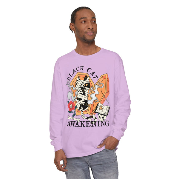 Mummy Cat Halloween Long Sleeve T-Shirt - Coffin & Wrapped Feline Graphic Tee