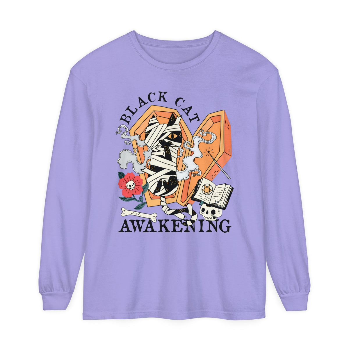 Mummy Cat Halloween Long Sleeve T-Shirt - Coffin & Wrapped Feline Graphic Tee