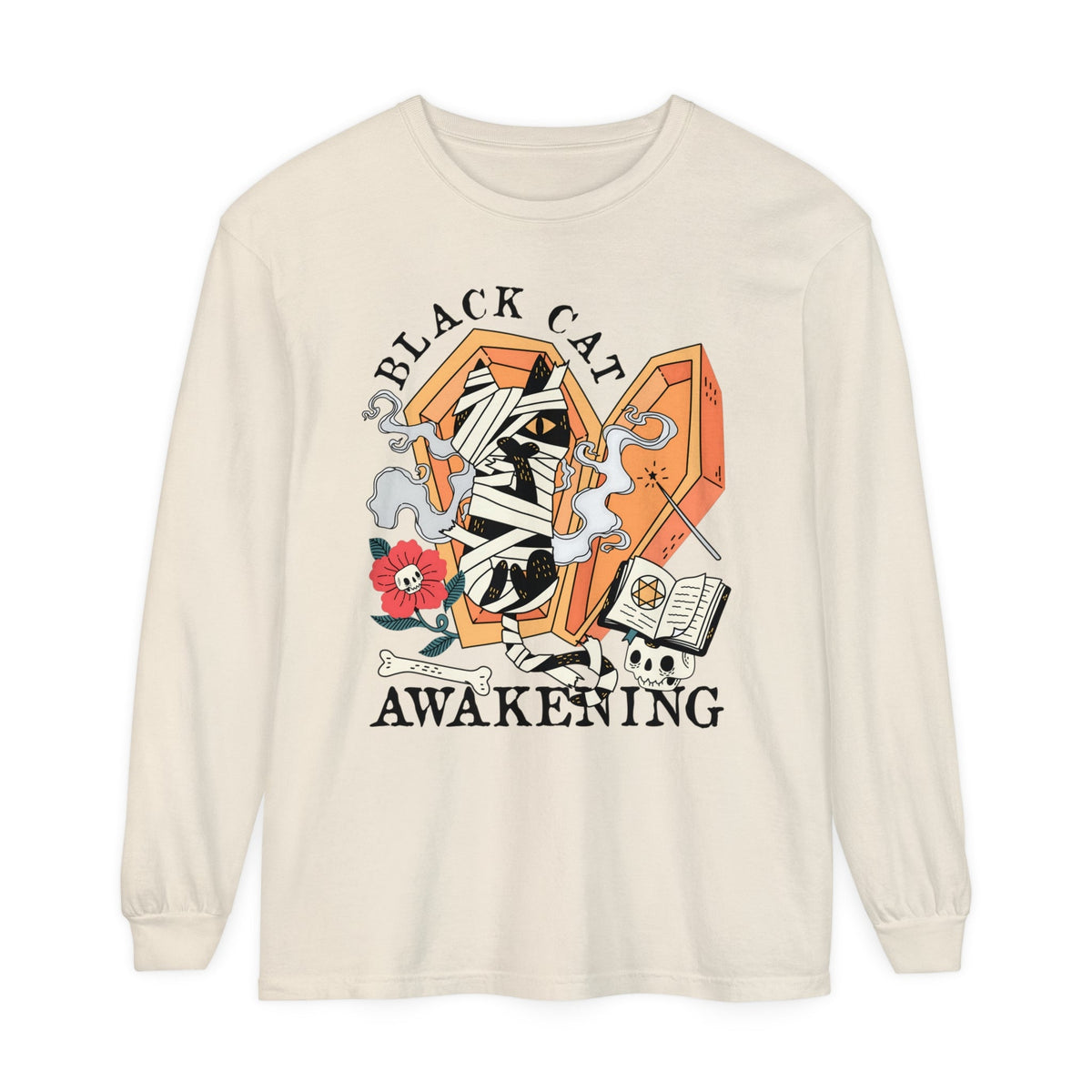 Mummy Cat Halloween Long Sleeve T-Shirt - Coffin & Wrapped Feline Graphic Tee