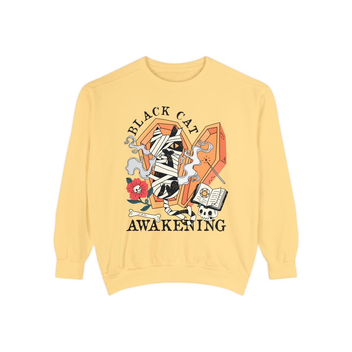 Mummy Cat Halloween Sweatshirt - Coffin & Wrapped Feline Graphic Sweater