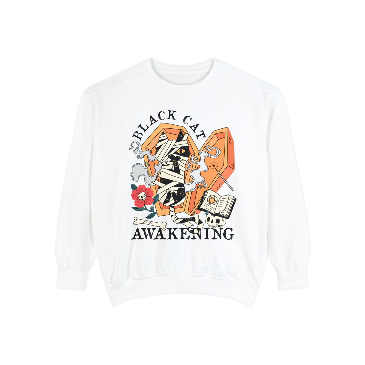 Mummy Cat Halloween Sweatshirt - Coffin & Wrapped Feline Graphic Sweater