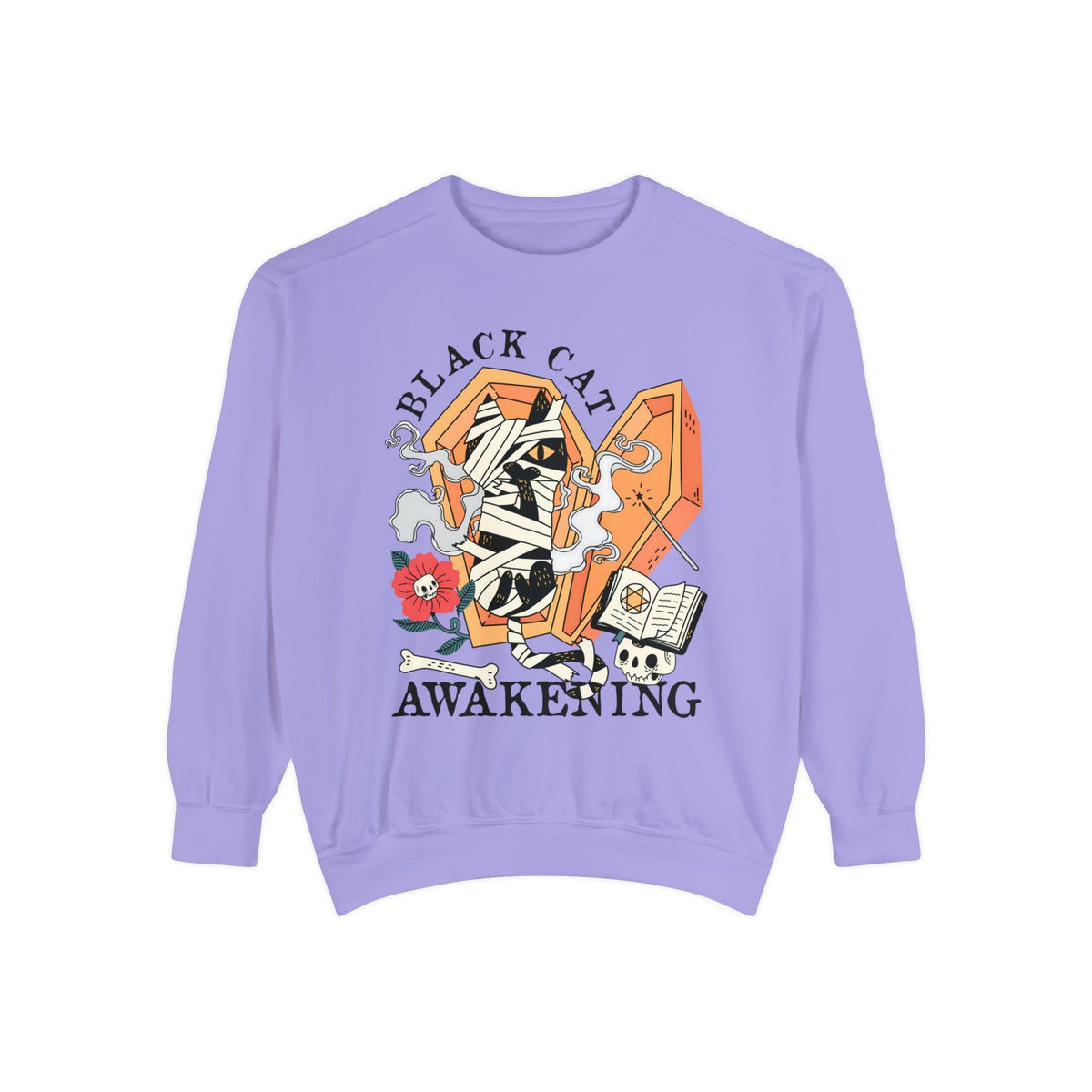 Mummy Cat Halloween Sweatshirt - Coffin & Wrapped Feline Graphic Sweater