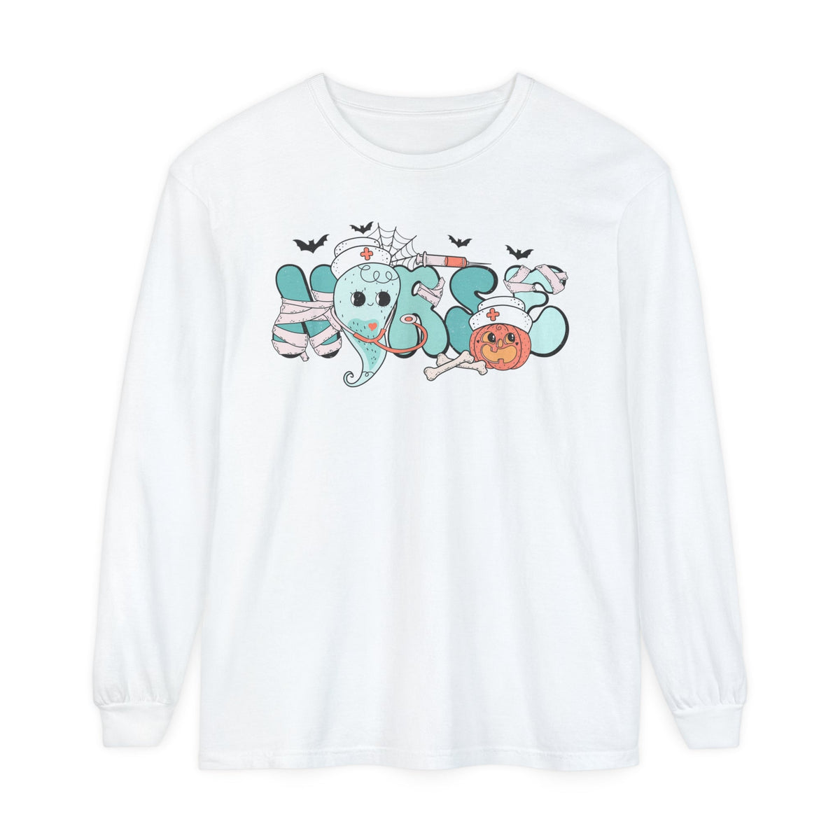 Nurse Halloween Long Sleeve T-Shirt - Cute Ghost and Pumpkin with Medical Theme