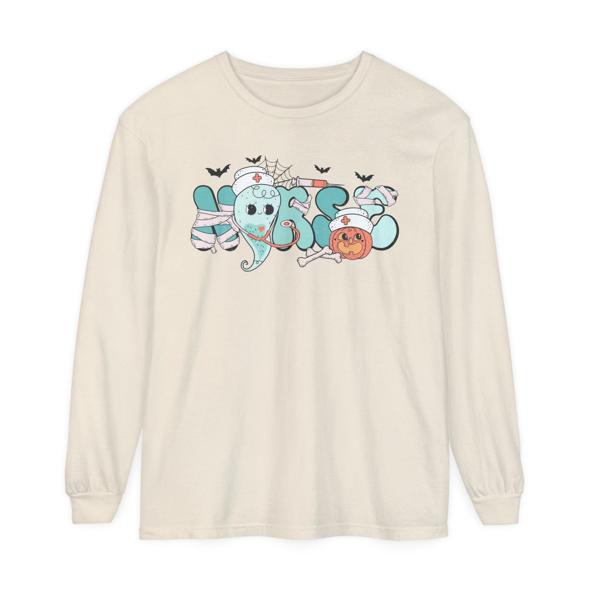 Nurse Halloween Long Sleeve T-Shirt - Cute Ghost and Pumpkin with Medical Theme