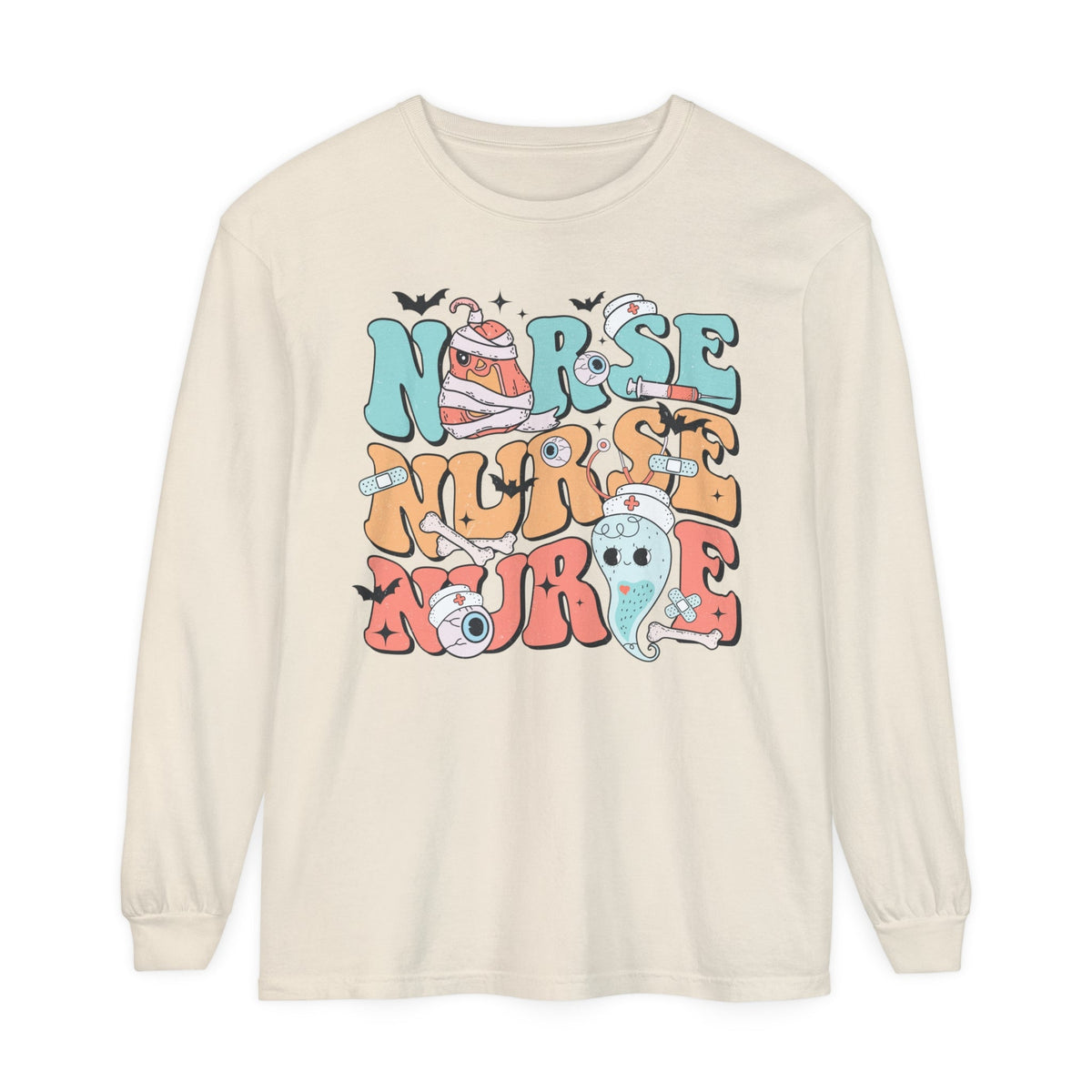 Nurse Halloween Long Sleeve T-Shirt - Cute Ghost and Pumpkin with Medical Theme