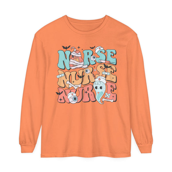 Nurse Halloween Long Sleeve T-Shirt - Cute Ghost and Pumpkin with Medical Theme