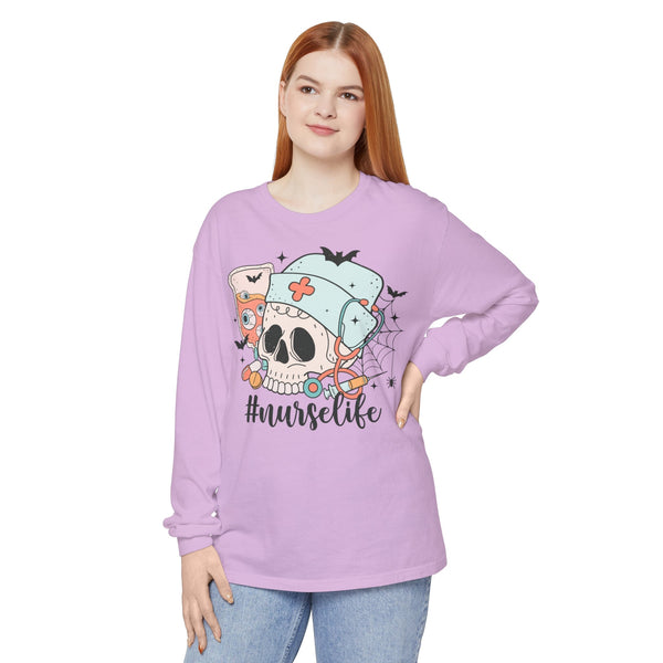 #NurseLife Halloween Long Sleeve T-Shirt - Skull and Medical Supplies Graphic Tee