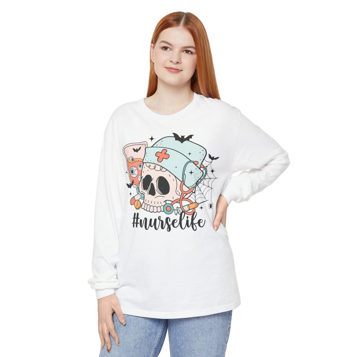 #NurseLife Halloween Long Sleeve T-Shirt - Skull and Medical Supplies Graphic Tee