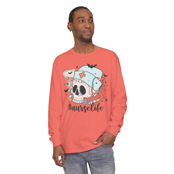 #NurseLife Halloween Long Sleeve T-Shirt - Skull and Medical Supplies Graphic Tee