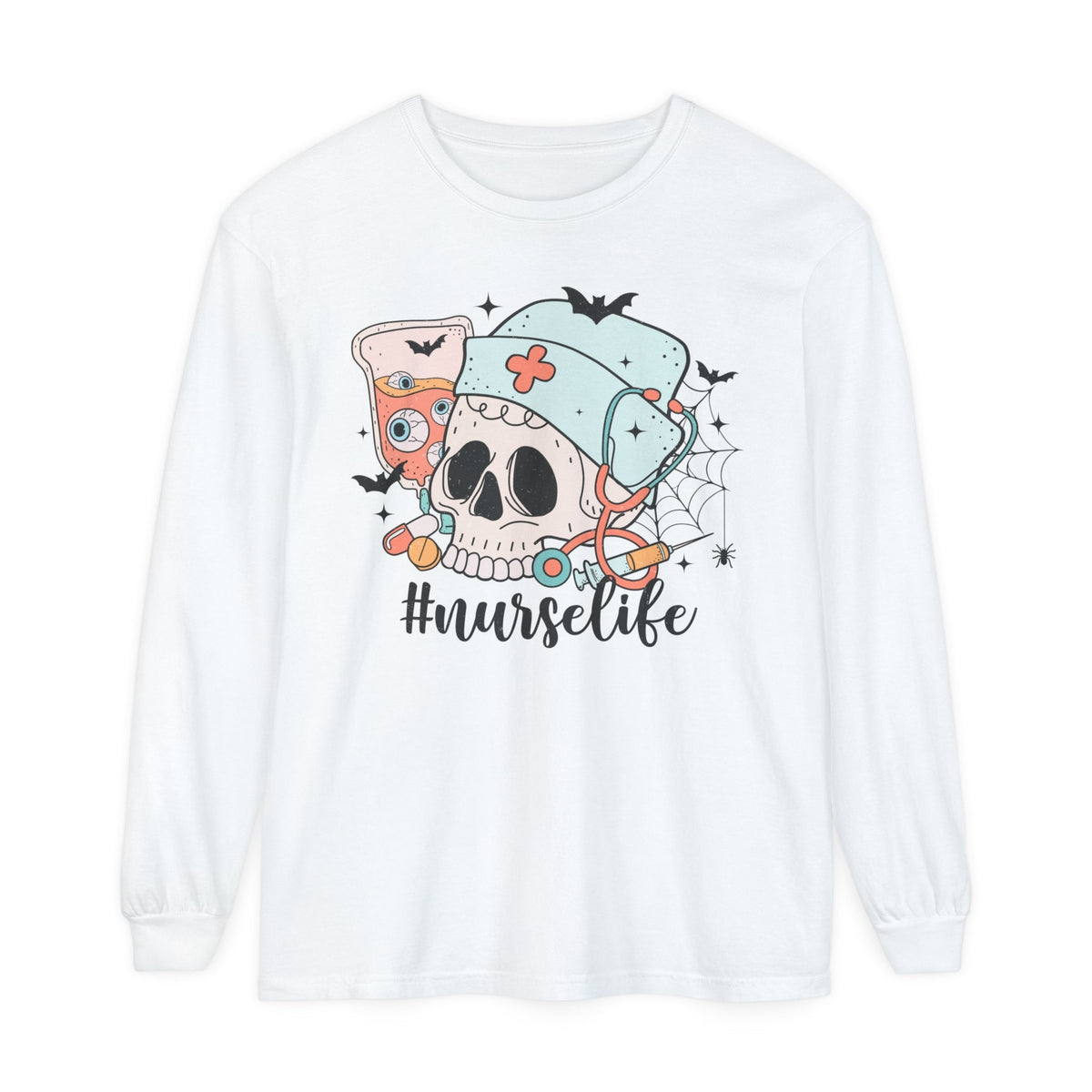 #NurseLife Halloween Long Sleeve T-Shirt - Skull and Medical Supplies Graphic Tee