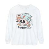 #NurseLife Halloween Long Sleeve T-Shirt - Skull and Medical Supplies Graphic Tee