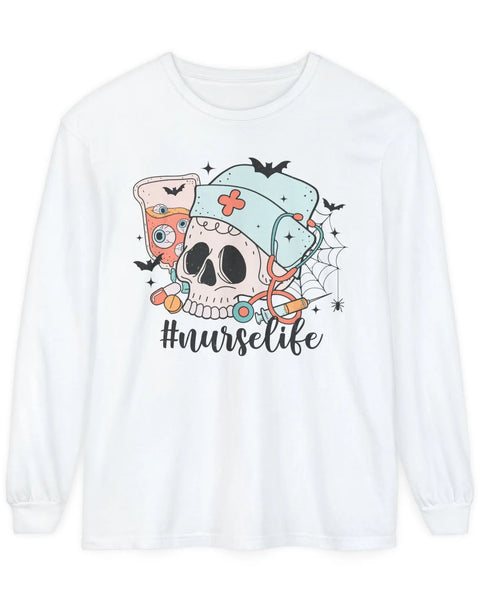 Nurse Life Halloween Long Sleeve Tee Skull Medical Supplies Graphic
