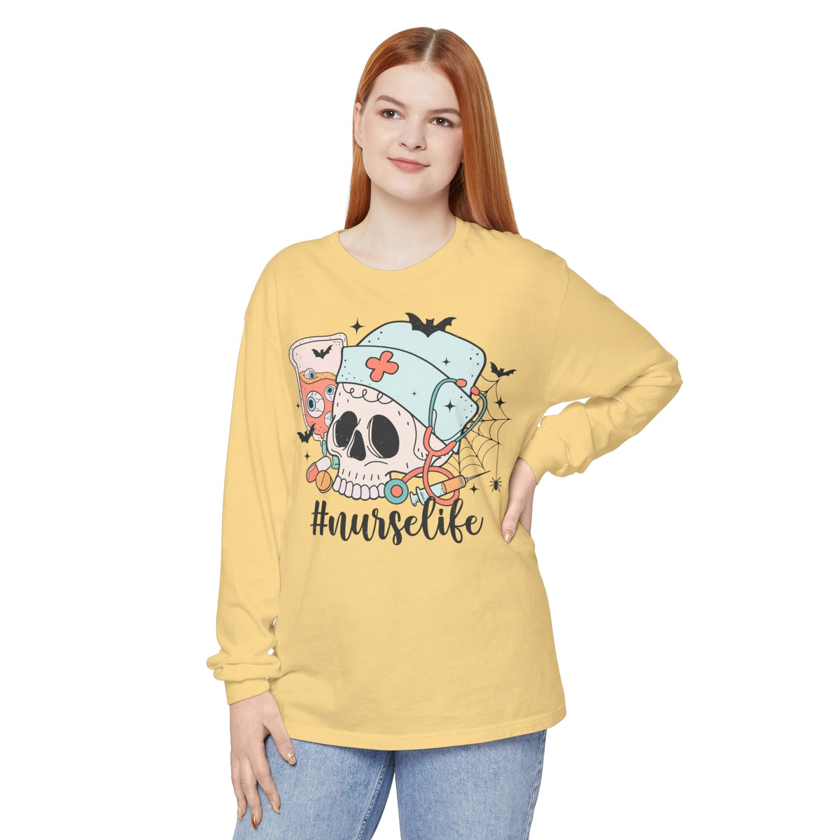 #NurseLife Halloween Long Sleeve T-Shirt - Skull and Medical Supplies Graphic Tee